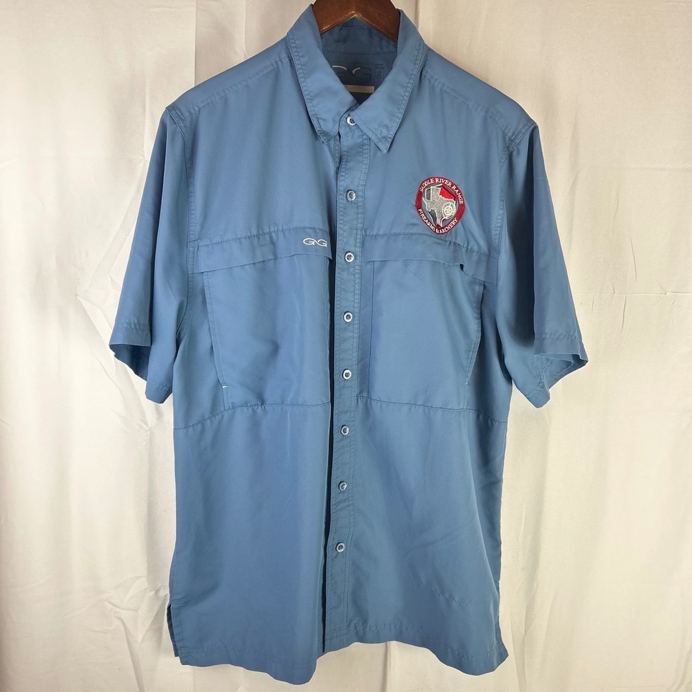 Game Guard Button Up Shirt Mens Large Blue Short Sleeve Saddle River Range Patch